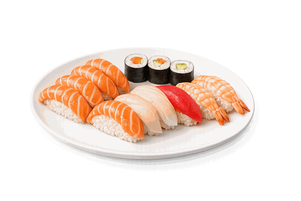 Sushitallrik med laxnigiri, vitfisk, tonfisk, räkor och makirullar