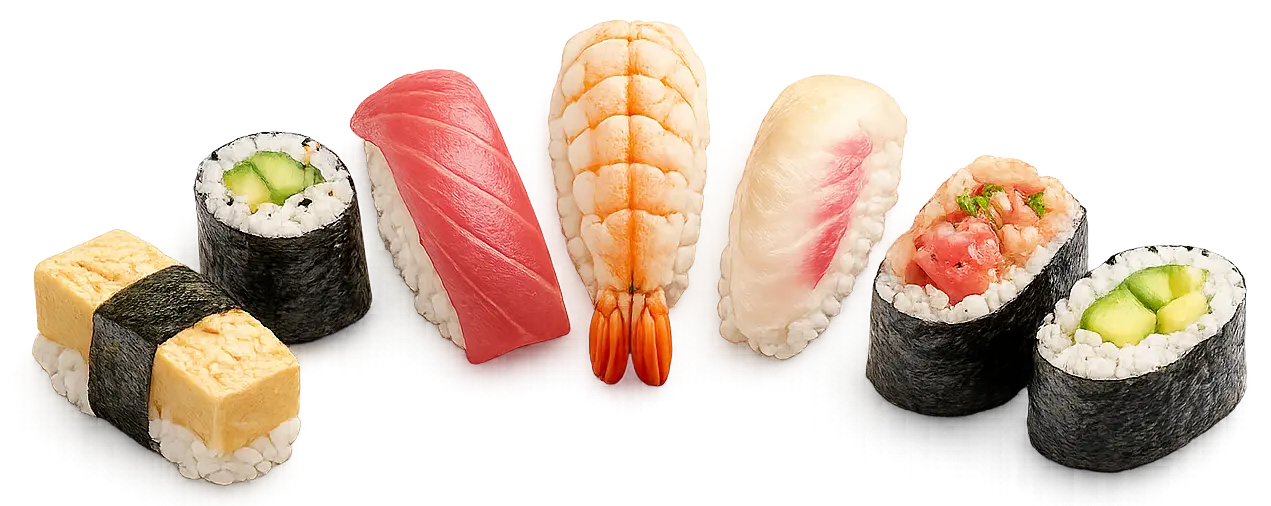 Urval av nigiri, maki och gunkan från Suyaki